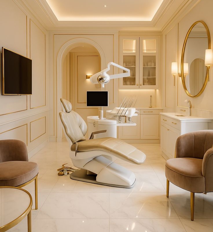 NEDIC treatment room with warm lighting and gold details