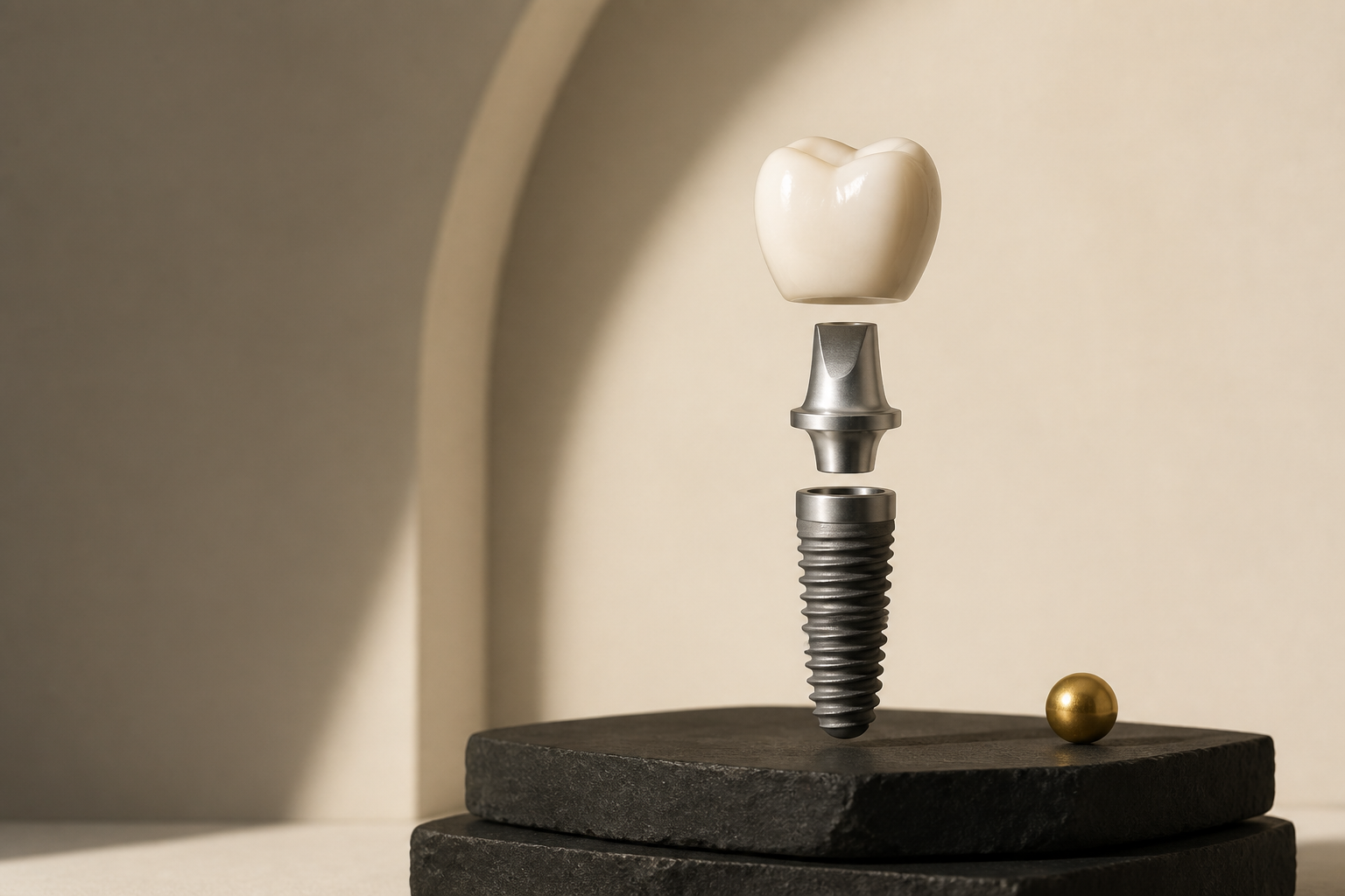 A single dental implant, abutment, and crown